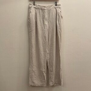 7 For All Mankind Womens  Size 8 Beige Pinstripe Linen Blend Wide Leg Trousers